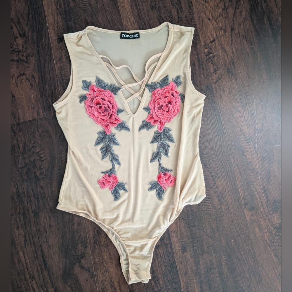 Top Chic Sheer Beige Bodysuit with Rose Floral Design- Size L